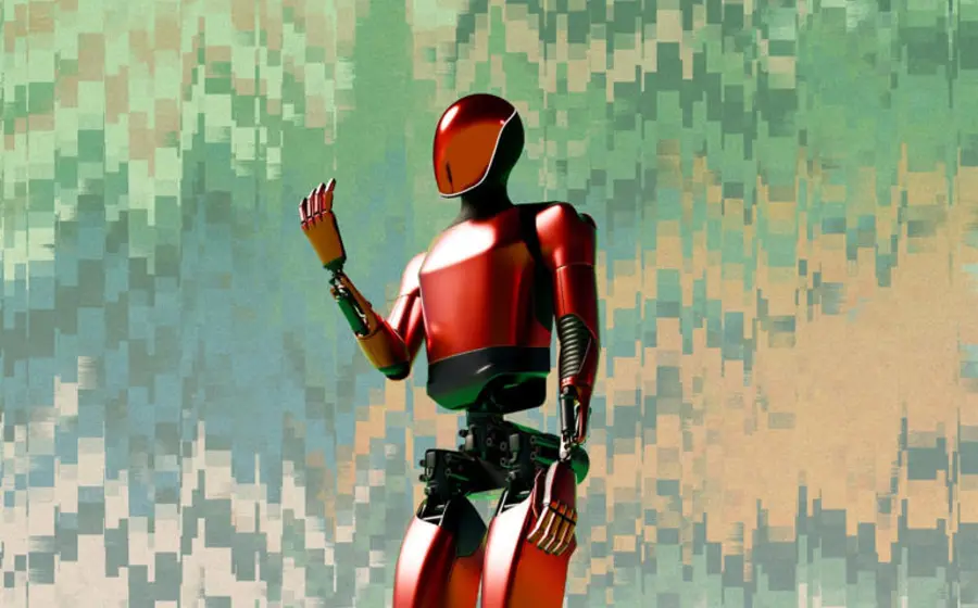 Un robot humanoide de avanzada tecnología opera en una fábrica o almacén, representando el auge de los robots trabajadores en la industria moderna.