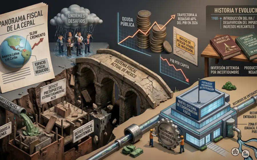 Imagen ilustrativa del sistema tributario, mostrando una calculadora, monedas y documentos sobre finanzas personales y el pago de impuestos.