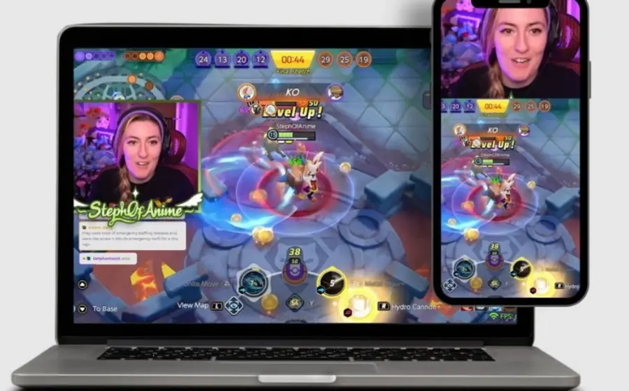 Ilustración de la nueva función de Twitch que permite a los creadores transmitir en formato horizontal y vertical al mismo tiempo, renovándose con IA.