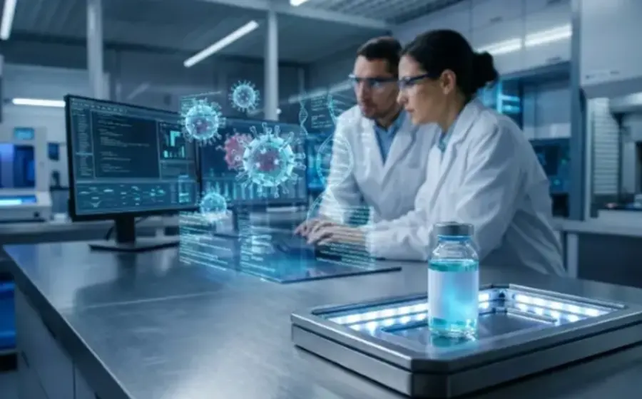 Ilustración conceptual de la vacuna diseñada con inteligencia artificial, la cual superó su primera prueba en humanos para proteger contra múltiples coronavirus.