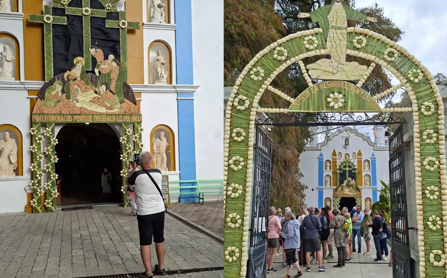 Cada arco aborda las escenas: “Jesús en la cruz” y “La Ascensión de Jesús”, representaciones bíblicas que forman parte del simbolismo religioso de estas fechas.