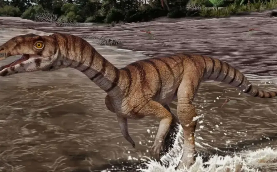 Una reconstrucción artística de Labrujasuchus expectatus, el cocodrilo prehistórico con forma de dinosaurio que vivió hace unos 212 millones de años.