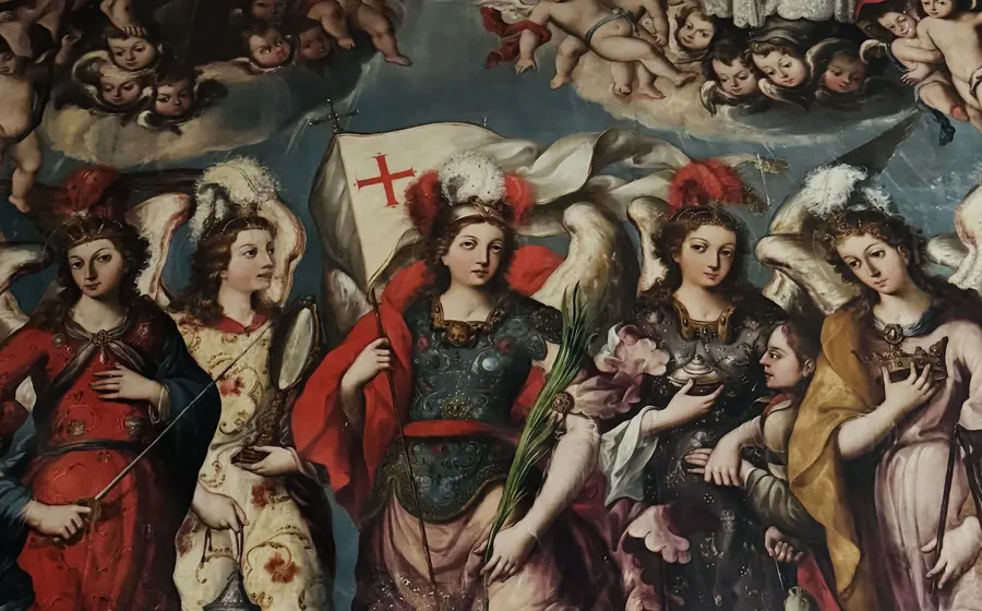 "Los Siete Príncipes de Palermo con la Santísima Trinidad" ca. 1726, óleo sobre lienzo Catedral de Nuestra Señora de la Asunción, Valles Centrales, Oaxaca de Juárez, Marcial de Santaella (Activo en Antequera, hoy Oaxaca, en el primer tercio del siglo XVIII).
