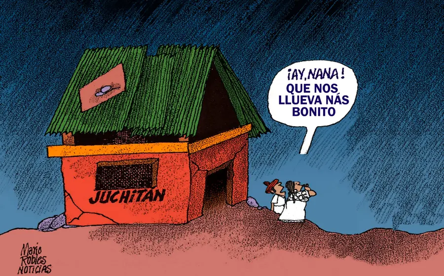 Caricatura política del artista Mario Robles que representa la severa crisis provocada por el calor extremo en la región del Istmo.