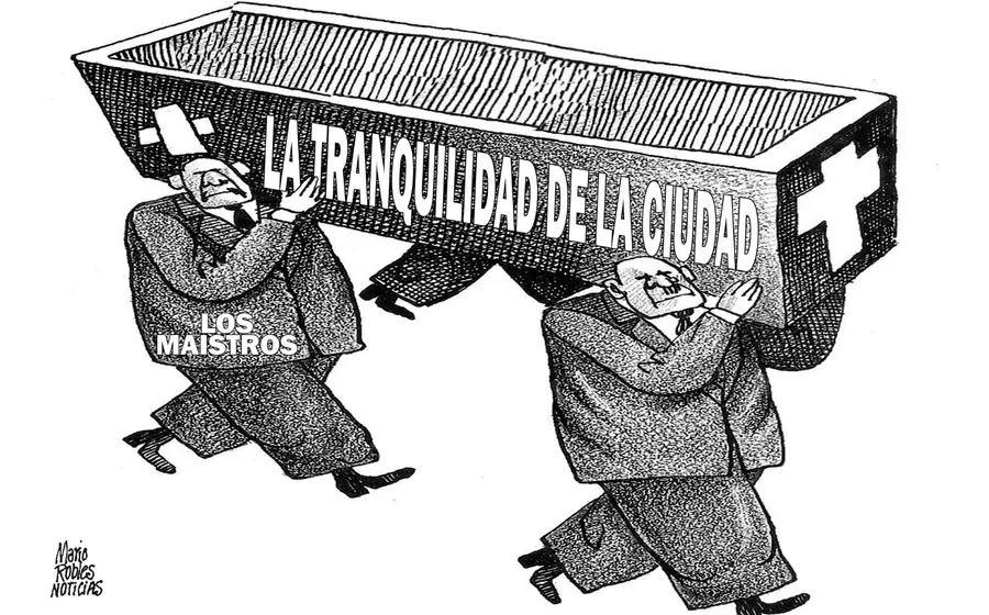 Caricatura política del artista Mario Robles que ilustra el tema de la generación que se cansó de esperar por un cambio social.