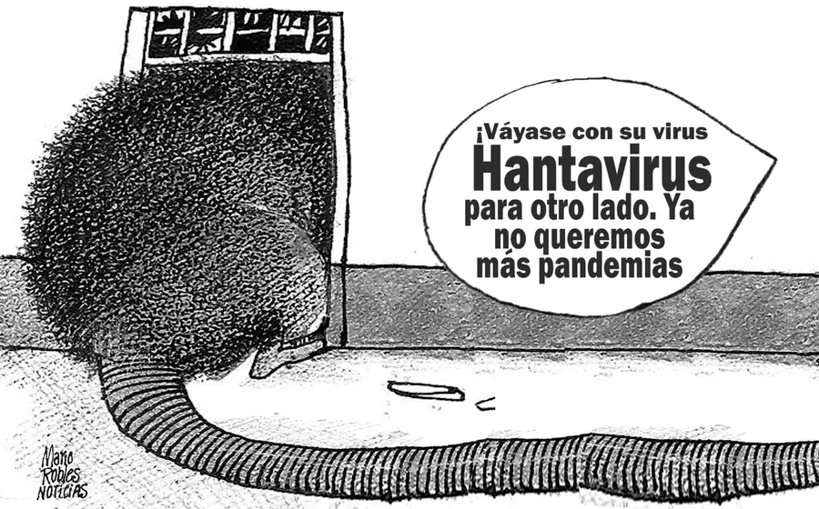 Cartón de Mario Robles que ilustra el riesgo oculto del hantavirus, una enfermedad transmitida a los humanos por el contacto con roedores.