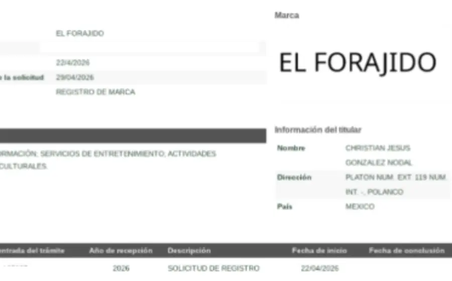 El cantante Christian Nodal en una fotografía que ilustra su registro de la marca 'El Forajido' ante el IMPI, en medio de controversia.