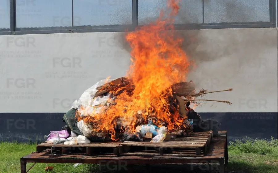 Imagen de la destrucción de toneladas de droga en Oaxaca, resultado de acciones ministeriales que lograron más de 20 sentencias condenatorias.