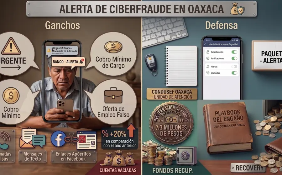 Ilustración conceptual de un ciberdelincuente anónimo usando una laptop para cometer estafas, representando el peligro de la ciberdelincuencia en Oaxaca.