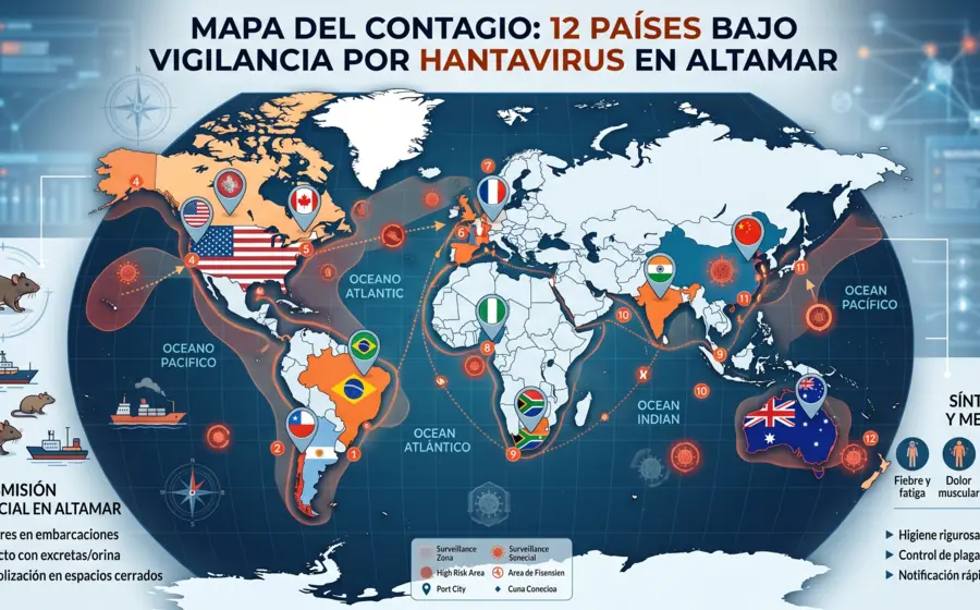 Mapa que ilustra la propagación del hantavirus, señalando los 12 países que están bajo vigilancia epidemiológica por el riesgo de contagio en altamar.