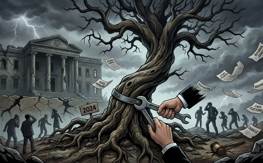 Un árbol con el tronco y las ramas torcidas, como una metáfora visual de la reforma judicial y un sistema de justicia defectuoso.