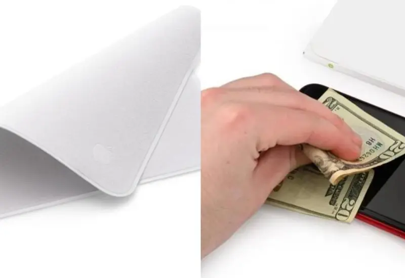 El paño está conformado por una tela de microfibra y es anunciado para limpiar manchas y huellas dactilares de celular y “de cualquier pantalla de Apple, incluido vidrio de nanotextura”.