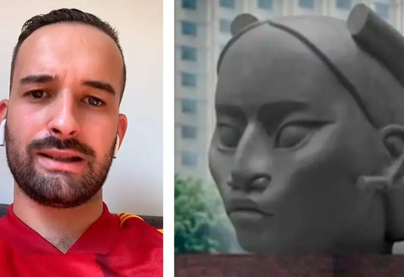 influencer español y escultura de mujer