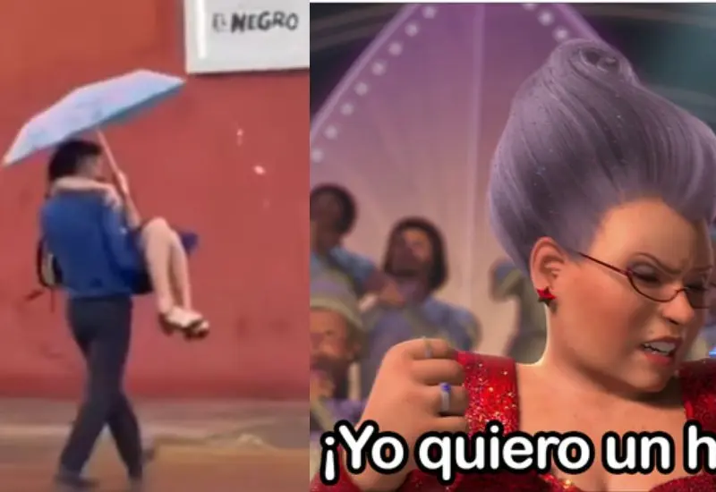 caballero carga a mujer bajo la lluvia en Oaxaca