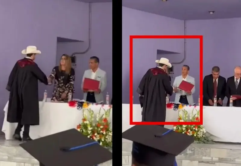 Joven cambia su birrete por sombrero en ceremonia de graduación