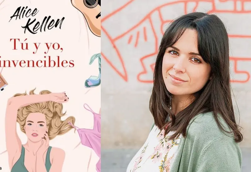 Portada de libro junto a la autora