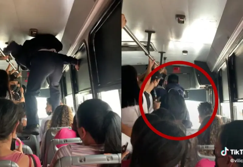 Joven camina entre los asientos