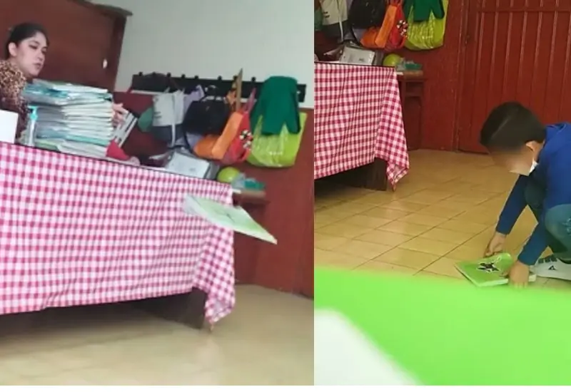 maesta_arroja_piso_libretas_niños_escuela