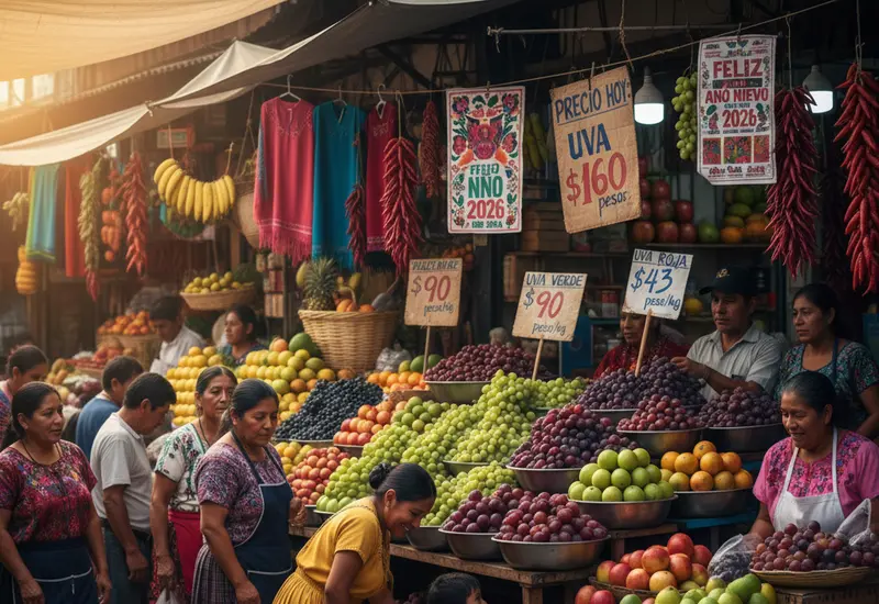 Un puesto exhibe racimos de uvas frescas, destacando el significativo aumento de su precio para la tradicional celebración de los 12 deseos de Año Nuevo.