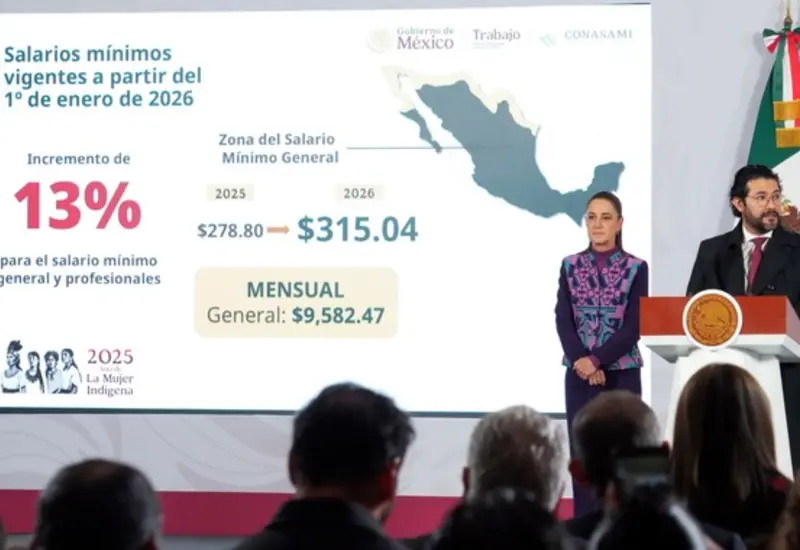 Una ilustración sobre el aumento del 13% al salario mínimo en México, que llegará a 315.04 pesos diarios en el año 2026.