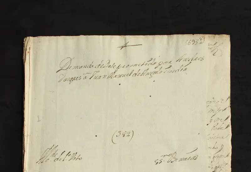 Carátula del documento de la demanda legal interpuesta por Juan Manuel de Angulo contra Andrés Vasques referente a una dote prometida.