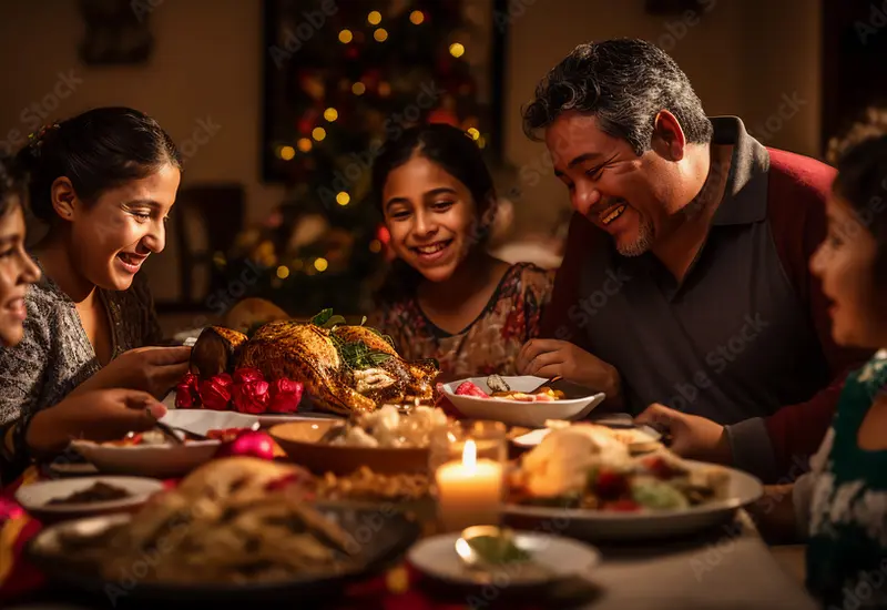 Una familia comparte la cena de Navidad alrededor de una mesa, simbolizando que la unión es lo más importante en estas fechas.