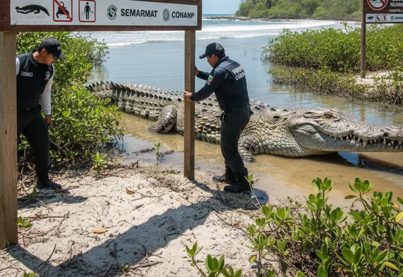El hábitat natural de cocodrilos en una playa de Oaxaca se encuentra bajo vigilancia por una alerta emitida para proteger a locales y turistas.