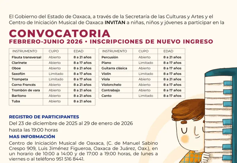 Cartel oficial de la convocatoria para las inscripciones al Centro de Iniciación Musical de Oaxaca (CIMO) para el ciclo 2026.