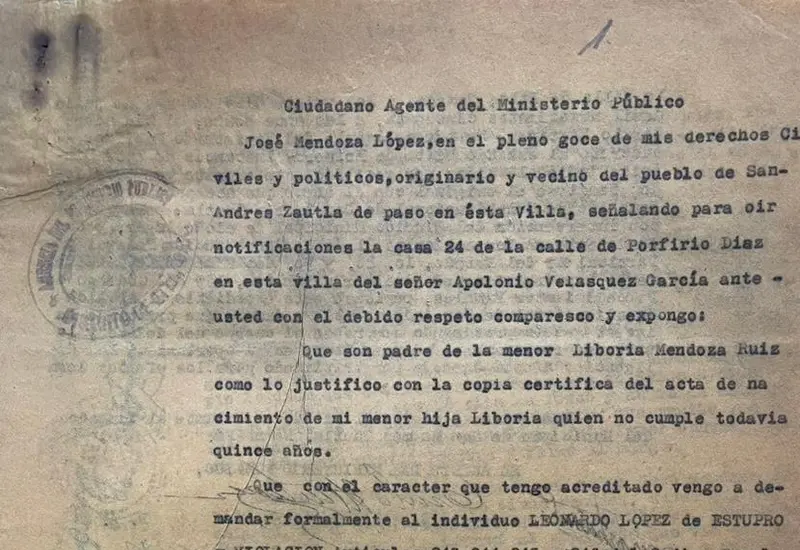 Fotografía del documento de la denuncia presentada como parte de la búsqueda de memoria y justicia para el caso de Liboria Mendoza.