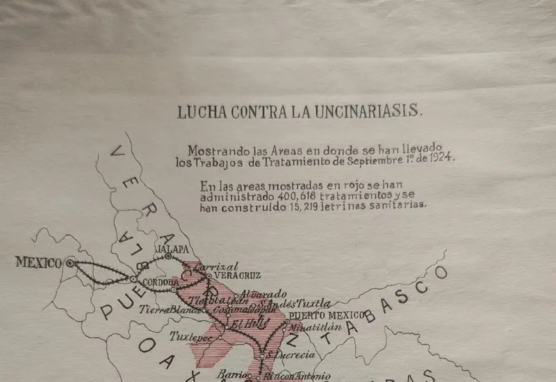 Mapa histórico de 1924 que muestra las áreas geográficas donde se aplicaron tratamientos para combatir la uncinariasis en el Siglo XX.