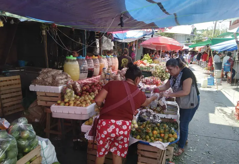 Personas comprando ingredientes frescos en el Mercado de Tehuantepec, mientras se preparan para la tradicional cena familiar de fin de año.