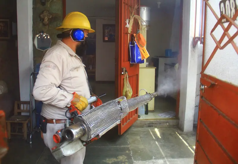 Personal de salud realiza trabajos de nebulización en las calles de un municipio del Istmo para combatir la propagación del mosquito del dengue.