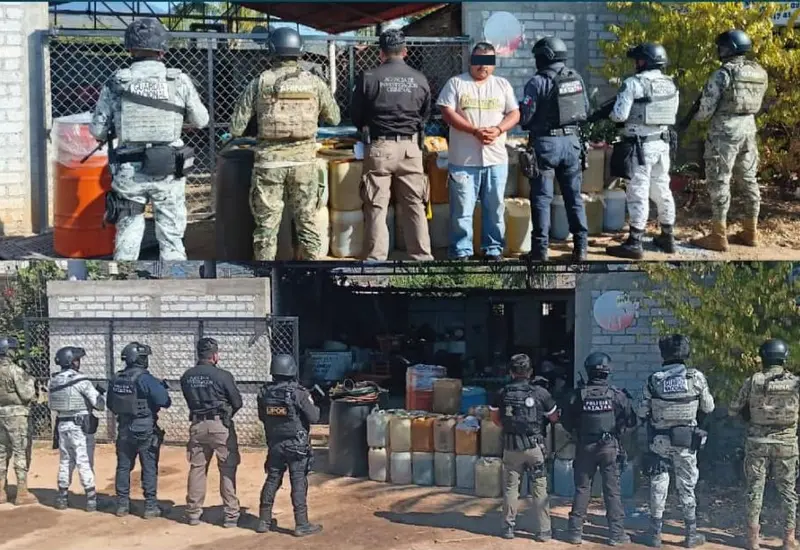 Vista del operativo en San Miguel Ejutla, Oaxaca, donde se aseguraron hidrocarburos, vehículos y equipo de vigilancia en un domicilio particular.