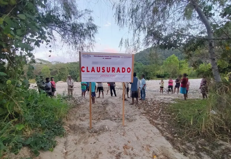 Sellos de clausura de la Profepa colocados en una propiedad como parte de un operativo contra actividades ilegales en ecosistemas costeros y ribereños.