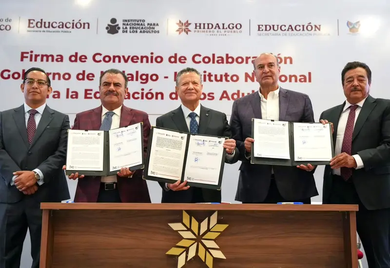 Representantes institucionales firman un acuerdo de coordinación para fortalecer la campaña de alfabetización y reducir el analfabetismo en el estado de Hidalgo.
