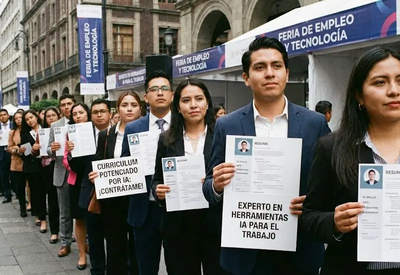 Ilustración de un proceso de reclutamiento donde candidatos y empresas se adaptan al uso de la inteligencia artificial para la selección de personal.