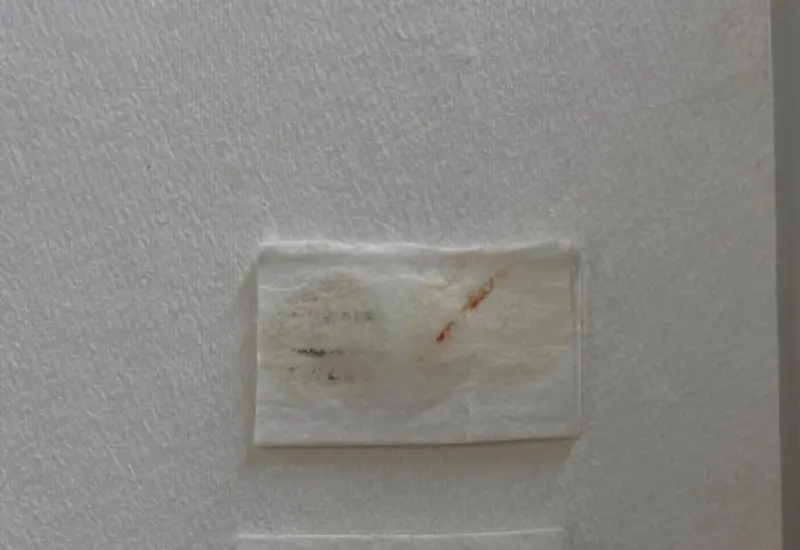 Primer plano de una prueba de ventana que muestra el resultado de un test de solubilidad con agua sobre un antiguo documento histórico.