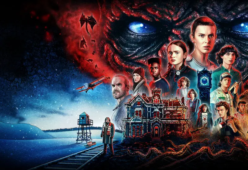 Imagen promocional de la última temporada de la serie Stranger Things, con el elenco principal, anunciando su próximo estreno en salas de cine.