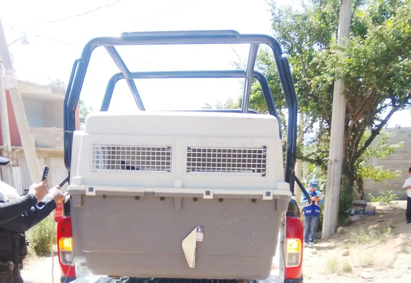 La perrita llamada Naila es sostenida por un rescatista momentos después de ser puesta a salvo de una situación de peligro.
