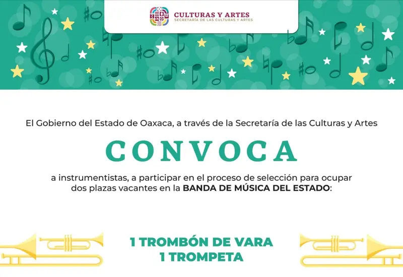 Convocatoria para las audiciones de la Banda de Música del Estado, que busca nuevos integrantes para las plazas vacantes de trompeta y trombón.