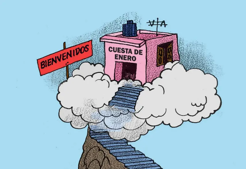 Caricatura de Mario Robles que ilustra la cuesta de enero, mostrando el concepto de una cartera 'resfriada' por los gastos de inicio de año.