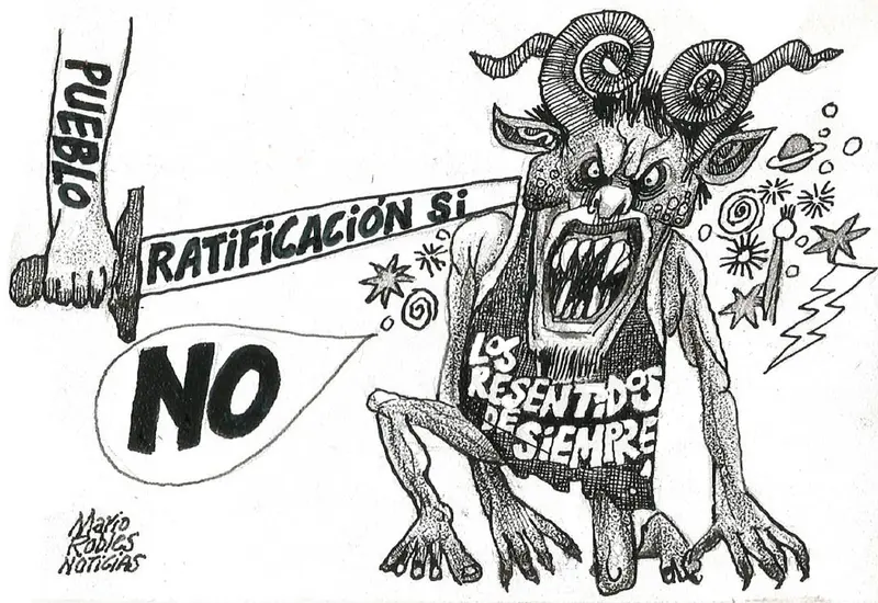 Cartón político del monero Mario Robles que ilustra el concepto de la democracia como un poder que solo se mantiene si se ejerce activamente.