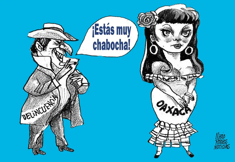 Caricatura política del artista Mario Robles que critica el uso del folclorismo como una distracción ante la omisión de problemas sociales.