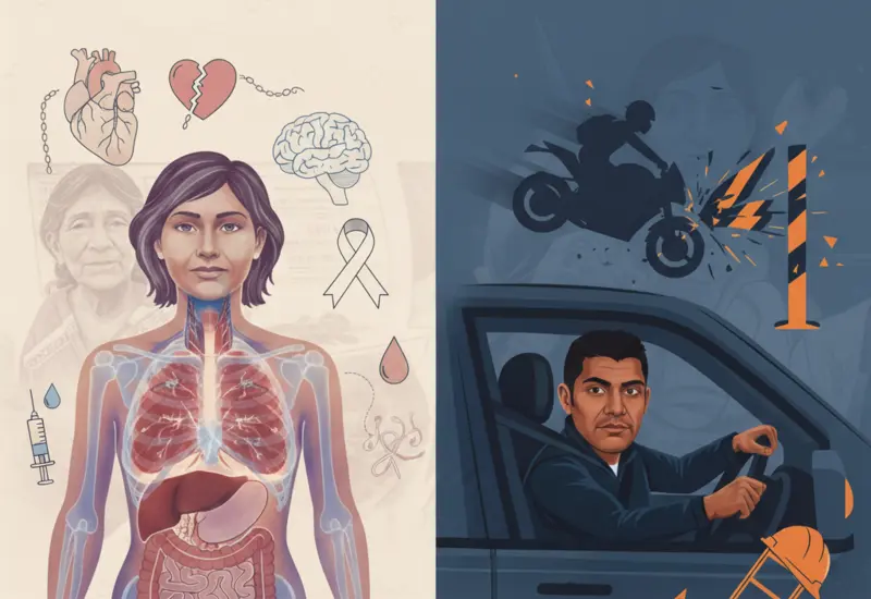 Ilustración que compara las principales causas de muerte por género en Oaxaca, mostrando a mujeres luchando contra enfermedades y a hombres enfrentando peligros.