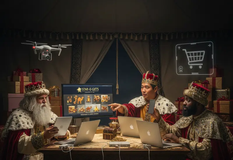 Los Reyes Magos realizan la compra de juguetes y regalos en línea, navegando entre ofertas y advertencias sobre posibles fraudes digitales.