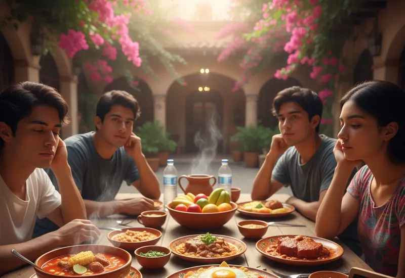 Varios platillos típicos de Oaxaca servidos en una mesa, conocidos por ser un remedio efectivo para aliviar la cruda o resaca.