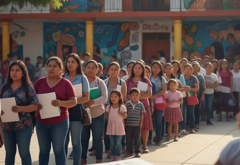 Una madre de familia llena los documentos de preinscripción en un aula escolar, iniciando el proceso para asegurar un lugar para el próximo ciclo.