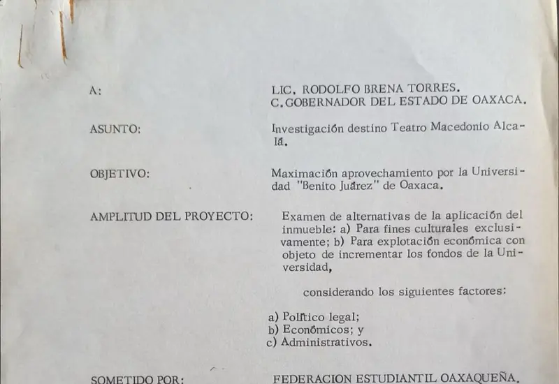 Imagen del proyecto de investigación sobre el destino del Teatro Macedonio Alcalá, un documento clave en la historia de su defensa en 1968.