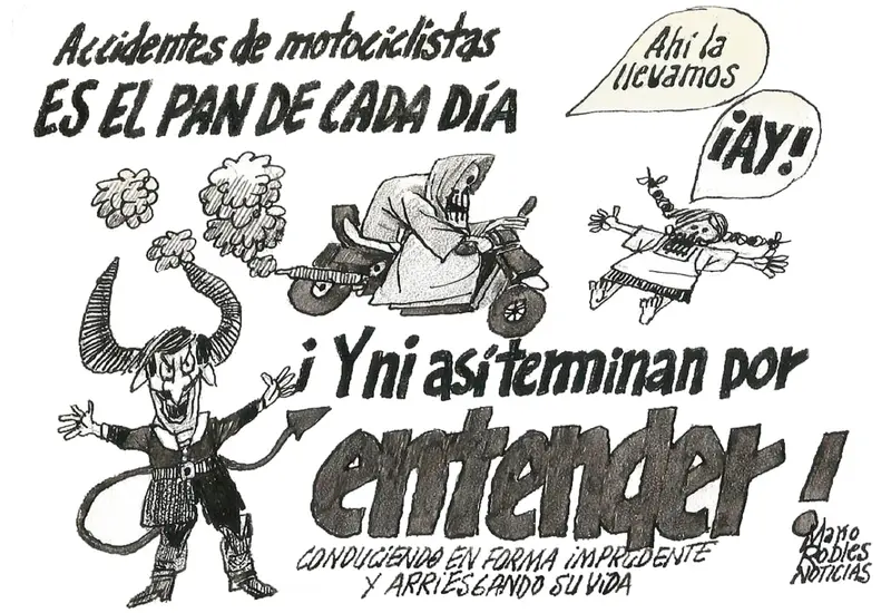 Caricatura de Mario Robles que ilustra la creciente epidemia de accidentes en motocicleta que se vive en el estado de Oaxaca.