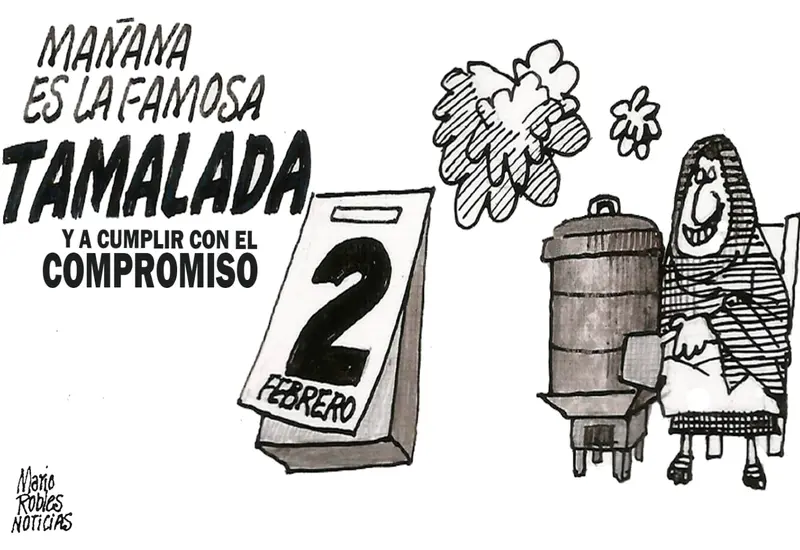 Caricatura editorial del artista Mario Robles que ilustra la tradición del 2 de febrero en México, combinando elementos de fe, maíz y memoria popular.